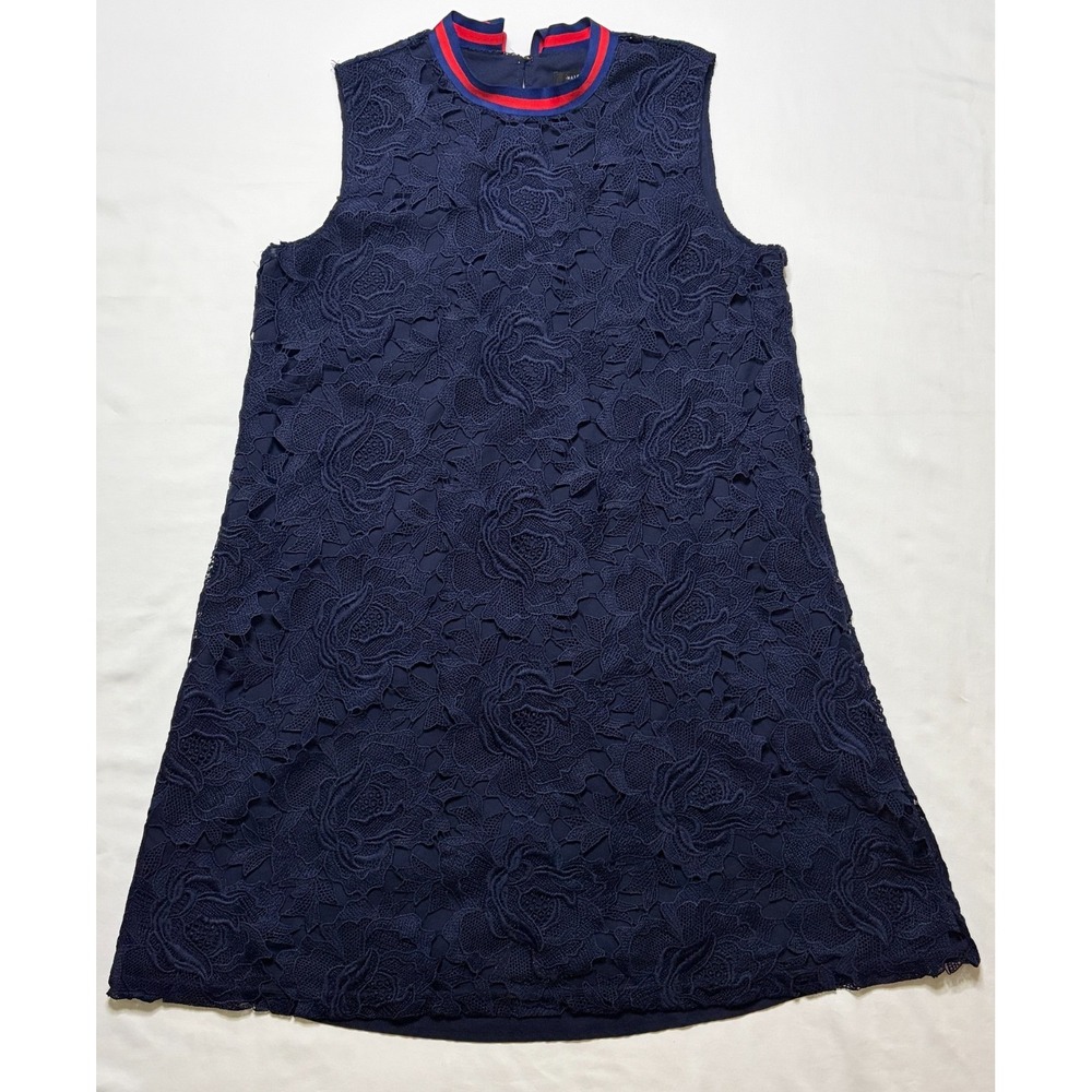 Halogen Floral Lace Dress Navy Blue Sporty Striped Tie Neck A-Line Medium Petite